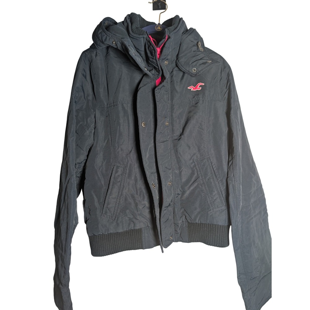 Hollister Black Windbreaker Jacket Lightweight Hooded Full Zip Size Large 0327 - Picture 1 of 6